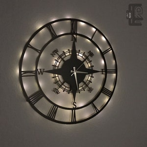 Led Light Compass Large Wall Clock, Modern Wall Clock, Oversized Wall Clock, Compass Clock, Metal Clock, industrial wall clock,New home gift