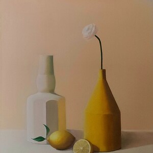 May include: A still life painting featuring a white ceramic vase with a single white flower, a yellow ceramic vase, and two lemons on a white surface.