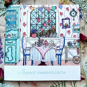 Carte anniversaire gourmand. Carte d'anniversaire format carré, pliée, imprimée d'après une illustration à l'aquarelle originale.