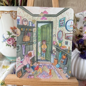Carte illustrée " Promenade pluvieuse " imprimée d'après une aquarelle originale