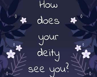 Puede incluir: Un estampado gráfico de color morado oscuro con el texto blanco "How does your deity see you?" centrado en la página. El texto está enmarcado por ilustraciones simétricas de hojas moradas oscuras y pequeñas flores blancas a los lados.