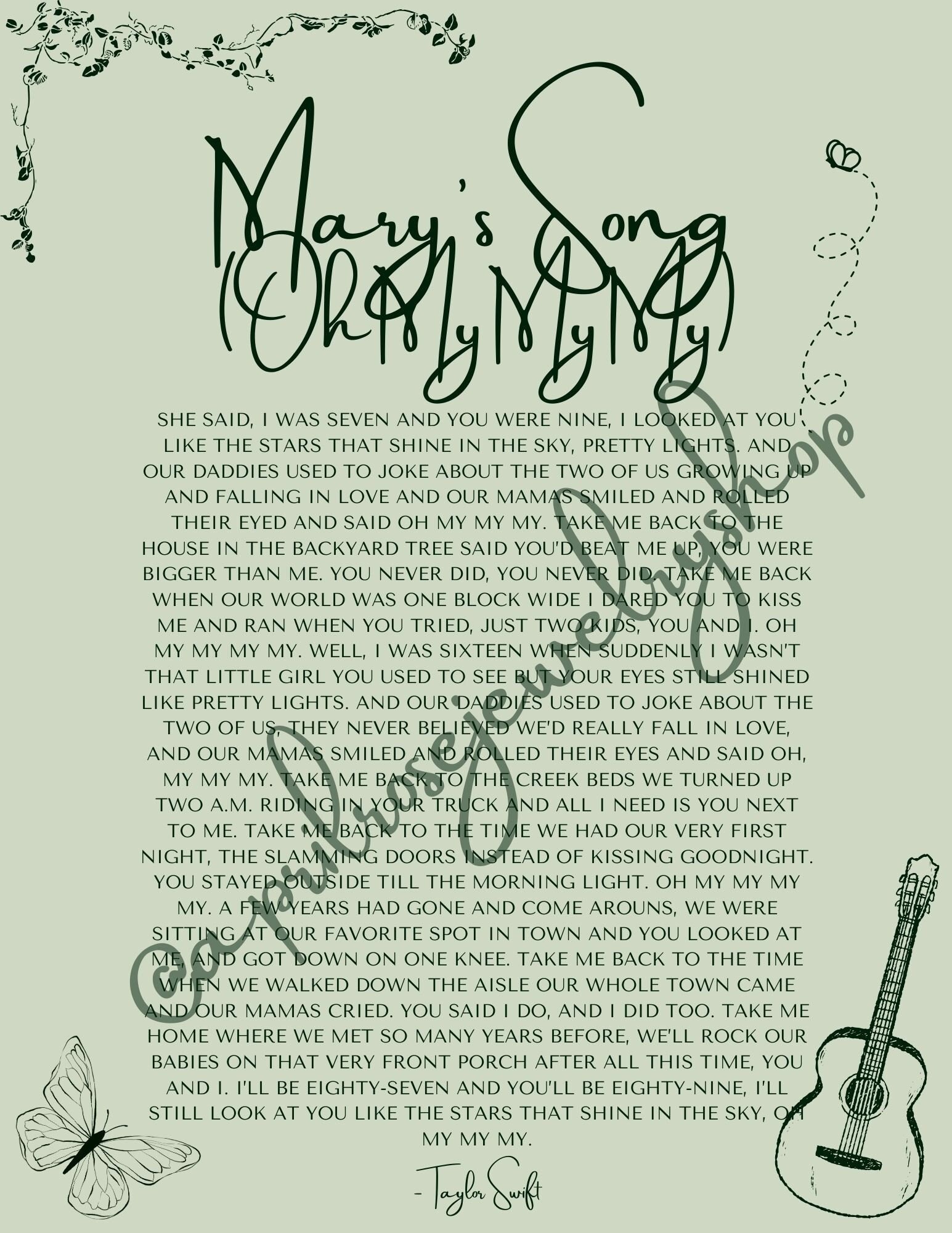 Mary's Song Taylor Swift Lyric Art Debut Album Digital Download Etsy