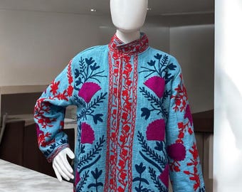 Handmade Suzani Embroidery Jacket: Boho Floral Cotton TNT Coat Jacket Hand Embroidered Cotton Jacket Man And Women Jacket