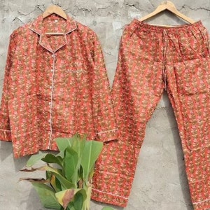 Hand Block Print Pajamas, Floral Pure Cotton Pj&#39;s, Pajamas Set, Indian Cotton, Night Wear, Soft Cotton Night Suit,Gift for her,Bridesmaid Pj