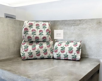 3 Pieces Set Quilted Makeup Bag Set Eco-friendly Cotton Wash Bag Block Printed Women Toiletry Storage Set
