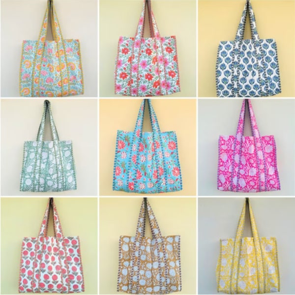 Indian Handmade Pure Cotton Tote Bag, Shopping Bag, Duffle Bag, Shoulder Bag For Sale, Indian Cotton Quilted Bag