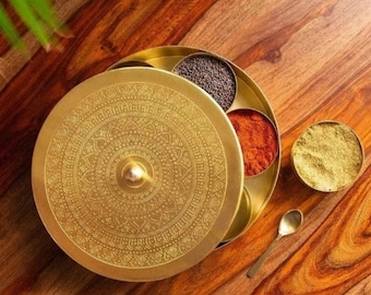 Indian Brass Spice Kitchen Storage Containers/ Masala Box/Storage Box/Decorative Round Spice Box
