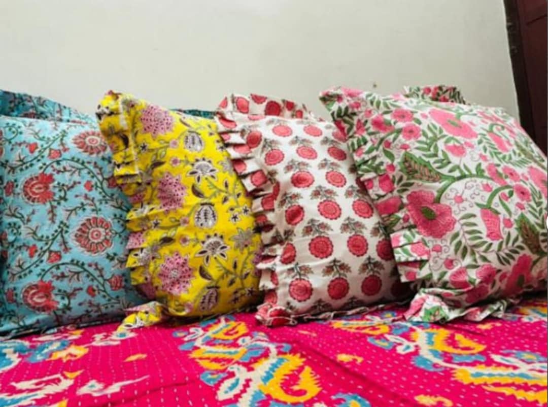 Indian Block Print Cotton Frill Cushion Cover, Bohemian Raffle Cushions