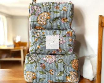 Indian Handmade Cosmetic Bags, Cotton Quilted Wash Bag, Block Printed Handmade Toiletry Bag Women Travel Bag