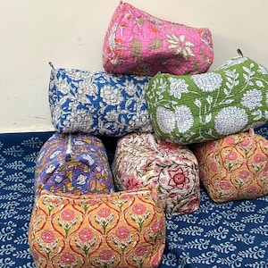 Lot de 3 pièces de toilette en coton indien à imprimé floral, trousse de voyage, trousse de maquillage, trousse de toilette matelassée, nécessaire de rasage, trousse de toilette