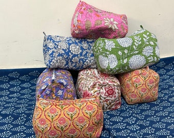 Set of 3 Pieces Indian Cotton Floral Print Toiletry Bag, Travel bag, Make up Pouch, Quilted Wash Bag, Shaving Kit, Vanity Case