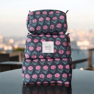 May include: Three black quilted makeup bags with a pink floral pattern. The middle bag has a white label with the text "JCC Home & Co."