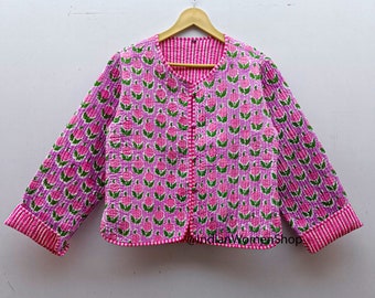 Pink Floral Block Print Quilted Short Jacket For Womens Cotton Short Kimono