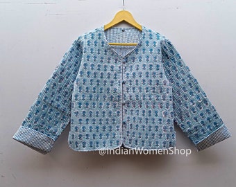 Himmelblaue geblümte Blockdruck-Stoff-Steppjacke, kurze Kimono-Kantha-Jacke, Damenbekleidung, Baumwollmantel, neuer Stil, Blazer