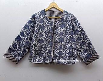 Indian Hand Block Print Fabric Quilted Short Jacket Indigo Short Kantha Kimono For Women Coat New Style Floral Blazer