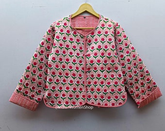 Pink Floral Block Print Fabric Quilted Jacket Short Kimono Kantha Jacket Womens Wear Coat New Style Short Jacket