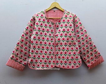 Giacca trapuntata in tessuto con stampa floreale rosa a blocchi Giacca corta Kimono Kantha Cappotto da donna Giacca corta nuovo stile