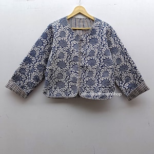 Indian Hand Block Print Fabric Quilted Short Jacket Indigo Short Kantha Kimono For Women Coat New Style Floral Blazer