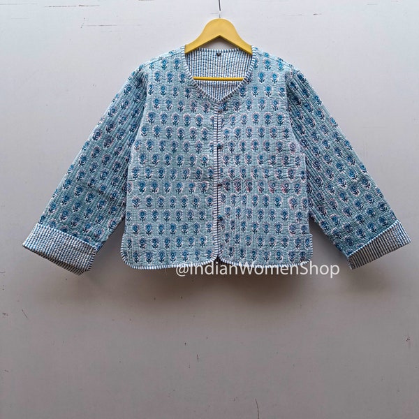 Sky Blue Floral Block Print Fabric Quilted Jacket Short Kimono Kantha Jacket Womens Wear Cotton Coat New Style Blazer