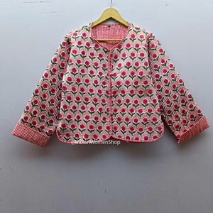 Pink Floral Block Print Fabric Quilted Jacket Short Kimono Kantha Jacket Womens Wear Coat New Style Short Jacket