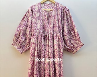 Floral Hand Block Print Kyra Midi Dress, Mini Dress, Soft Cotton Spring Dress, Summer Dress For Women, Deep Neck With String Closer