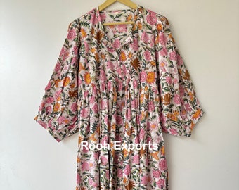 Floral Block Print Soft Cotton Summer Dress, Kyra Midi Dress, Dresses for Women, String Closer Dress