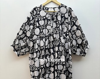 Black Floral Block Print Kyra Midi Dress Mini Dress Cotton Summer Dress for Women Deep Neck With String Closer