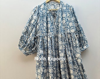 Floral Block Print Midi Dress, Mini Dress, Soft Cotton Summer Dress, Lightweight Dress, Deep Neck With String Closer