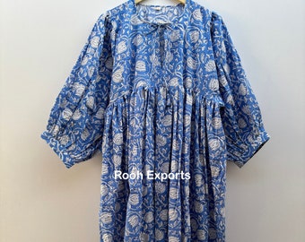 Blue Floral Block Print Kyra Midi Dress, Mini Dress, Cotton Summer Dress, Sundress, Casual Dress, Deep Neck With String Closer