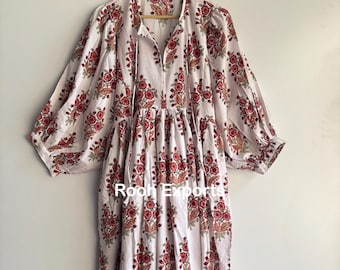 Floral Hand Block Print Kyra Midi Kleid | Boho Baumwoll Kleid | Kleider für Frauen | String Näher Kleid
