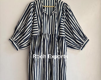 Blue Striped Block Print Kyra Midi Dress | Bohemian Cotton Dress | Dresses for Women | String Closer Dress