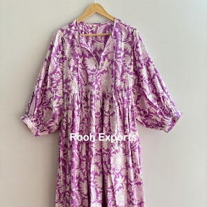 Lila Handblockdruck Kyra Midikleid, Minikleid, weiches Baumwollfrühlingskleid, Sommerkleid für Frauen, tiefer Hals mit Stringschließer