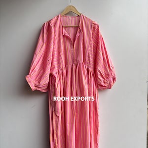 Pink Striped Hand Block Print Kyra Midi Dress | Bohemian Cotton Dress | Dresses for Women | String Closure Dress
