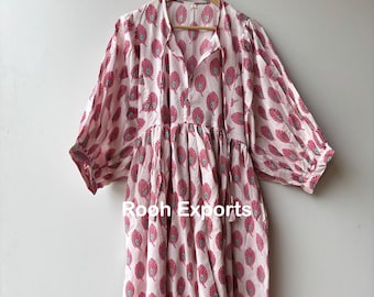 Floral Hand Block Print Kyra Midi Kleid | Boho Baumwoll Kleid | Kleider für Frauen | String Näher Kleid