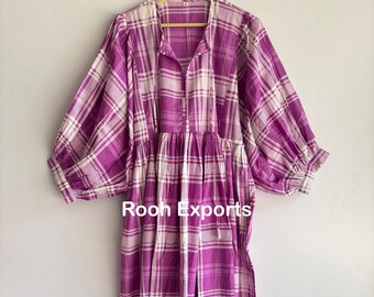 Purple Checks Print Kyra Midi Dress | Bohemian Cotton Dress | Dresses for Women | String Closer Dress