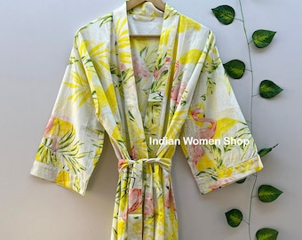 Flamingo Print Soft Cotton Kimono Robe, Beach Cover Up, Bikini Cover Up, Lounge Wear, Lightweight Kimono