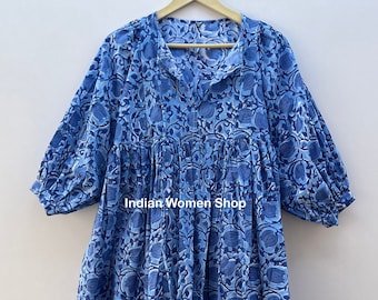 Blue Floral Block Print Midi Dress, Mini Dress, Cotton Summer Dress For Womens, Cotton Tunic, Deep Neck with string closer