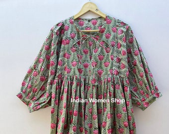 Floral Hand Block Print Cotton Summer Dress For Women, Midi Dress, Mini Dress, Sundress, Maxi Dress, Deep V neck With String Closer