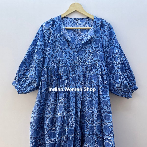 Blue Floral Block Print Midi Dress, Mini Dress, Cotton Summer Dress For Womens, Cotton Tunic, Deep Neck with string closer