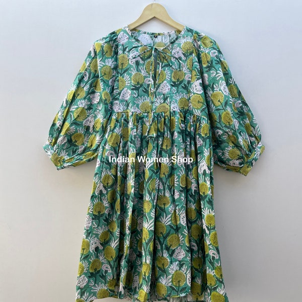 Green Floral Block Print Midi Dress, Mini Dress, Cotton Summer Dress, Deep Neck With String Closer