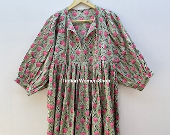 Hand Block Print Soft Cotton Summer Dress, Midi Dress, Mini Dress, sundress, Deep Neck With String Closer, Ship From India