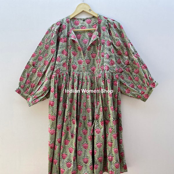 Robe d'été en coton doux à imprimé blocs, robe midi, mini-robe, robe d'été, col profond avec cordon de serrage, expédié de l'Inde