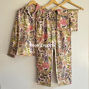Floral Block Print Cotton Pajama Set, Pj Set, Adult Night Suit, Night Wear, Sleep Wear, Bridesmaid PJ Set