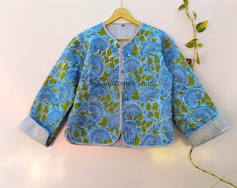 Indian Hand Block Print Fabric Quilted Jacket For Women Short Kimono Handmade Cotton Coat New Style Flower Print Blazer Valentines Day Gift