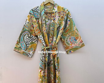 Abito kimono in cotone con stampa Paisley, abito avvolgente, abito da casa, abbigliamento da salotto, abito da spiaggia, copri bikini