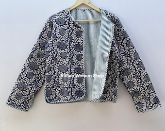 Indigo-Blockdruckjacke, blaue kurze Kimono-Steppjacke für Damen, Mantel im neuen Stil, floraler Blazer