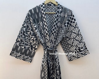 Black Patch Print Kimono Robe, Resort Wear, lounge wear, Honeymoon Wear Kimono, Patchwork Robe, Cotton Bathrobe, Beach Cover Up