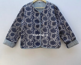Indian Hand Block Print Fabric Quilted Short Jacket Indigo Short Kantha Kimono For Women Coat New Style Floral Blazer