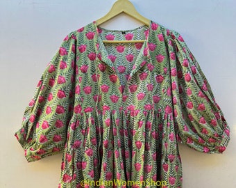 Floral Hand Block Print Cotton Summer Dress For Women Midi Dress Mini Dress Maxi Dress, Deep V neck With String Closer