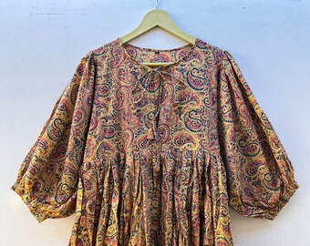 Organische blokprint stof midi-jurk katoenen mini-jurk voor dames zomerjurk Boho maxi-jurk diepe nek met string dichterbij